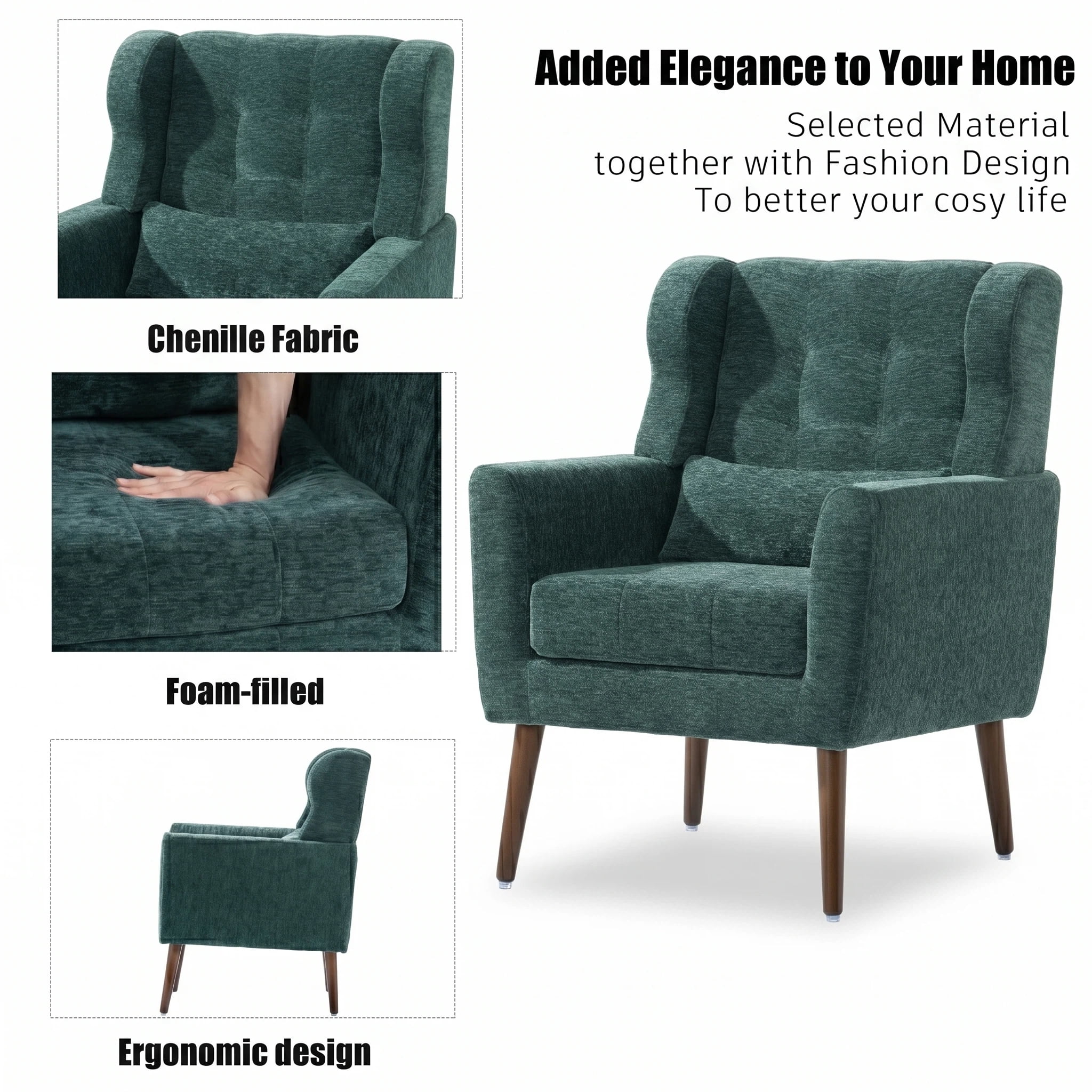 AISWORD Modern Accent Chair, Upholstered Armchair with Pillow, Fabric Single Sofa Chair with Lounge Seat and Wood Legs Accent Chair for Living Room Bedroom Small Spaces, Blackish Green