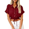 thumbnail image 2 of Sevevn Women's Lapel Short Sleeve Loose Button Cotton And Linen Tunic Summer Work Clothes Short Shirt Blouse Summer Deals Wine L, 2 of 6