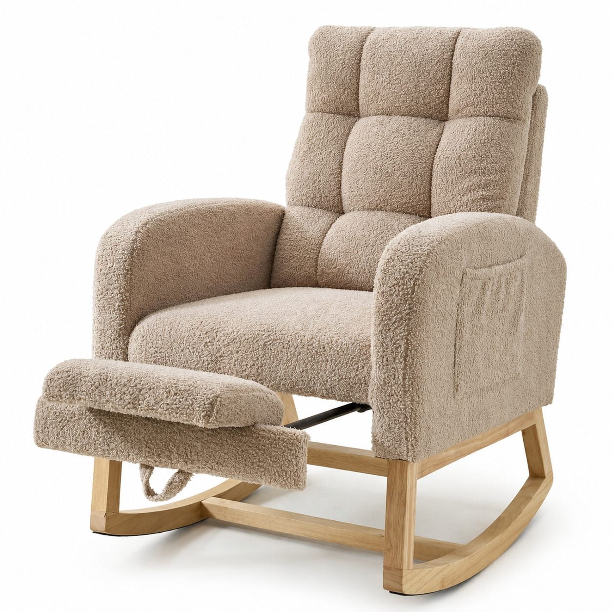 Teddy Upholstered Rocking Chair with Footrest and Side Pocket, Comfortable Nursery Glider Rocker Armchair for Living Room, Bedroom, Nursing Room and Home, Brown