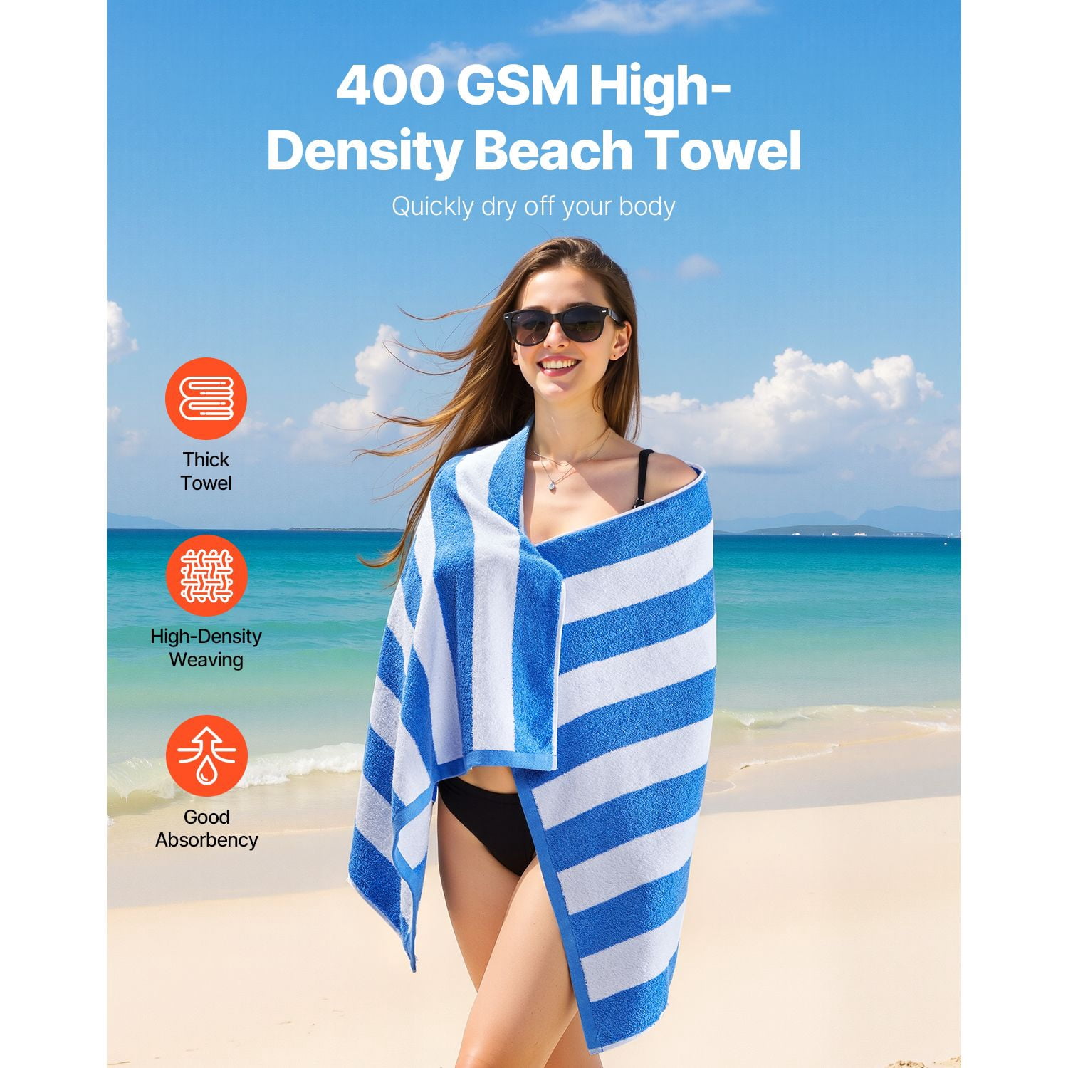 Beach Towels 4-Pack 60x30 Inch 400 GSM 100% Pure Cotton Quick-Dry Absorbent for Pool Swimming Travel