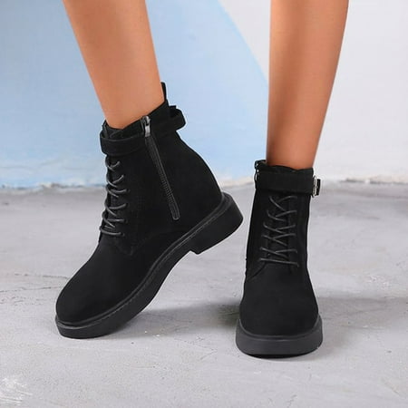 

TANGNADE Women Ankle Lace Casual Solid Boots Thermal Winter Boots Short Flats Slipon Plush Round Boots Up Toe Women Shoes