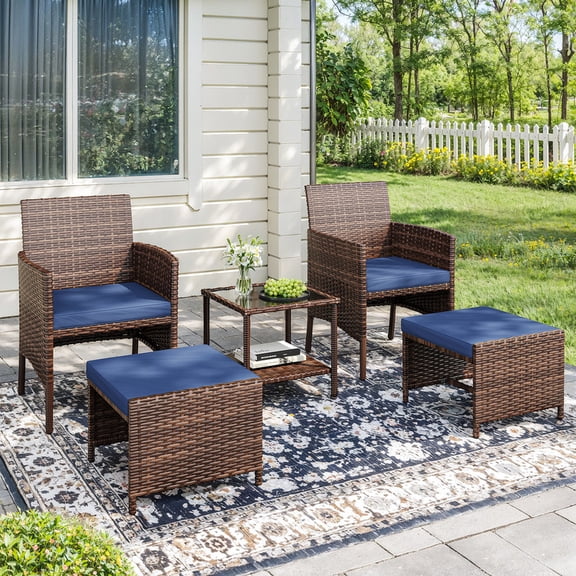 ELPOSUN 5 Piece Patio Furniture Set, Outdoor Conversation Wicker Chairs for Two with Ottoman Underneath,Brown Rattan,Navy