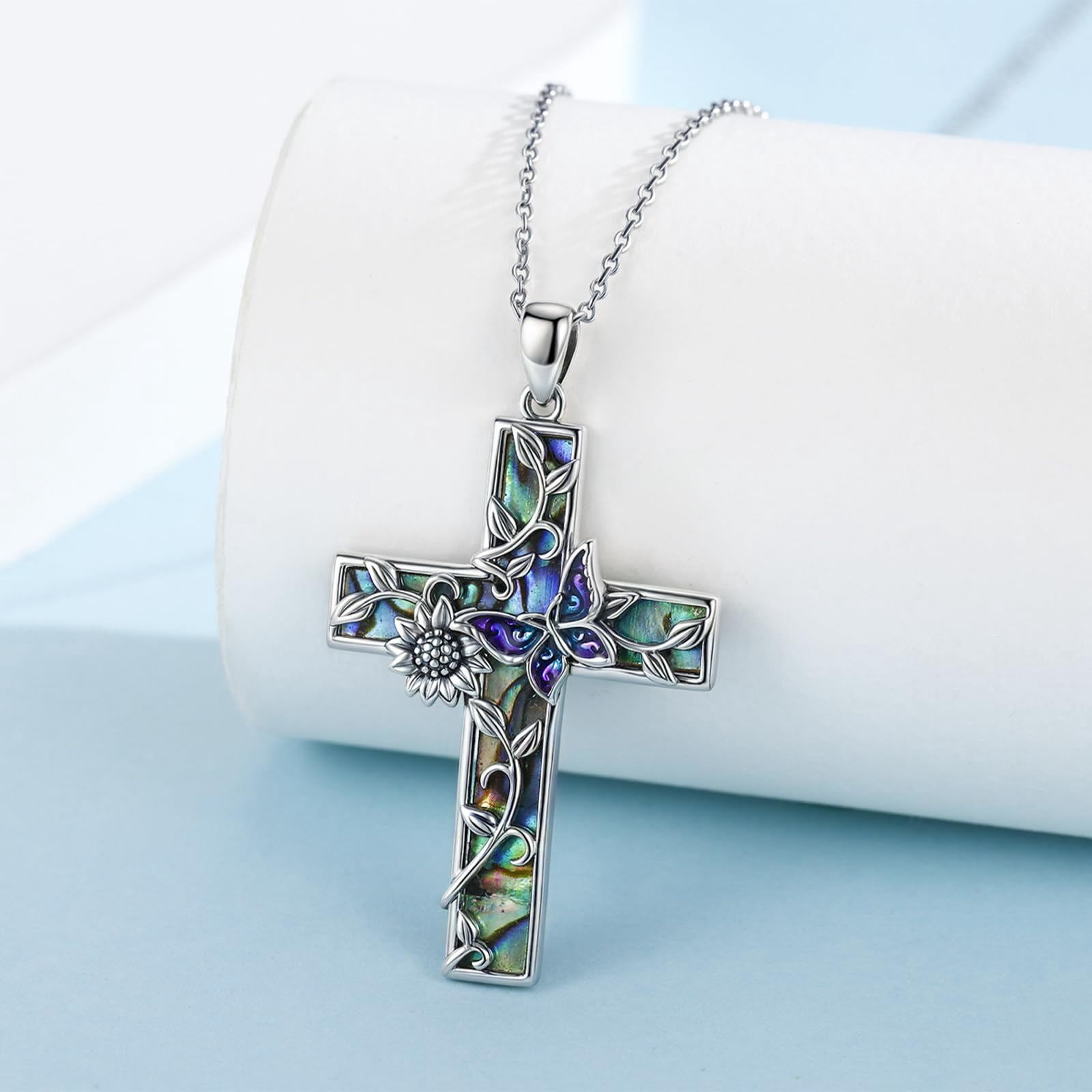 Coachuhhar Sunflower Cross Necklace 925 Sterling Silver Butterfly Pendant Necklace Abalone Jewelry Gifts for Women Mom Birthday