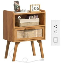 Rattan Nightstand with Charging Station, Side Table with Drawer, Cane Accent Bedside End Table with Solid Wood Legs, Night Stand for Bedroom, Dorm and Small Spaces (Tea Brown)