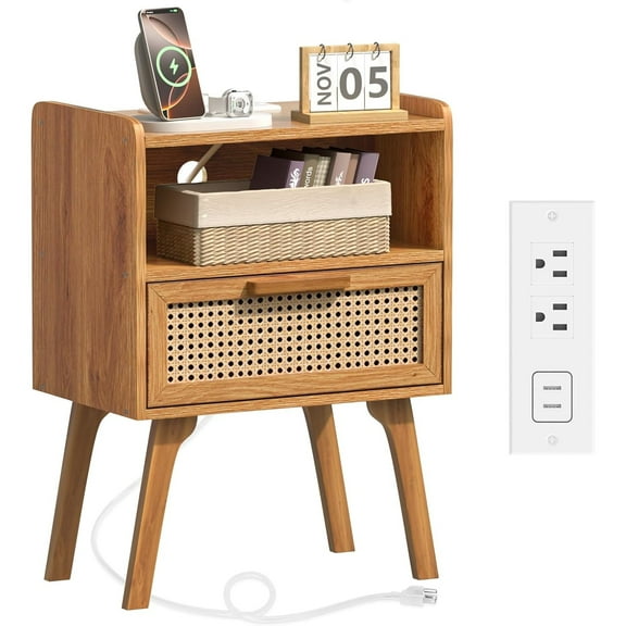 Rattan Nightstand with Charging Station, Side Table with Drawer, Cane Accent Bedside End Table with Solid Wood Legs, Night Stand for Bedroom, Dorm and Small Spaces (Tea Brown)