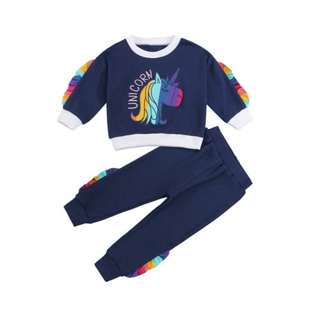 

IZhansean Infant Baby Girls Fall Outfits Cartoon Unicorn Pullover Top Long Sleeve Sweatshirt+Trousers Clothes Blue 3-4 Years