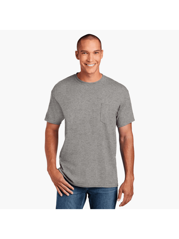 Men's DryBlend Pocket T-Shirt, Short Sleeve Crew Neck Casual Blank Tee, Graphite Heather, 2XL