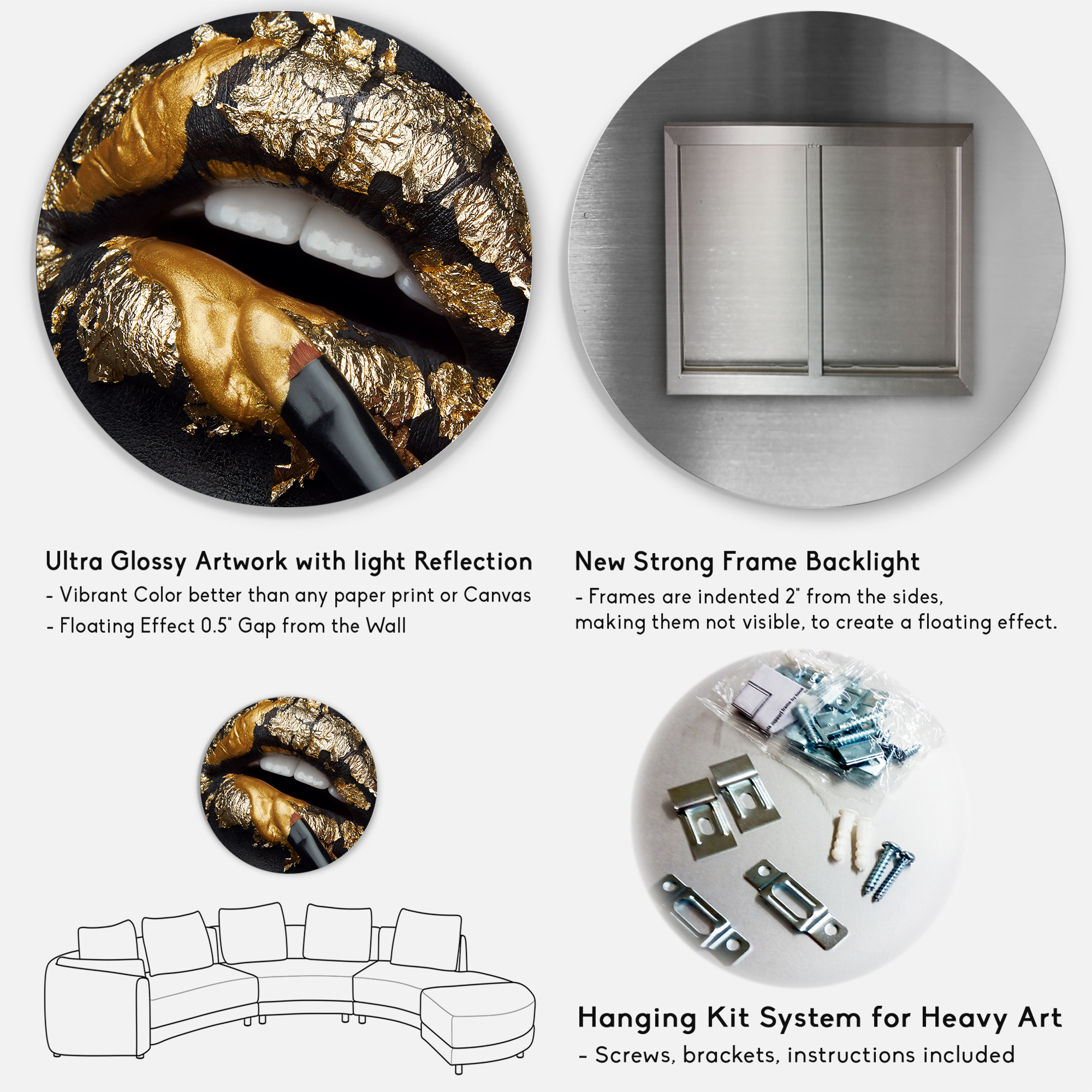Designart 'Female Lips With Black Leather and Gold Foil' Modern Circle Metal Wall Art 29x29 - Disc of 29