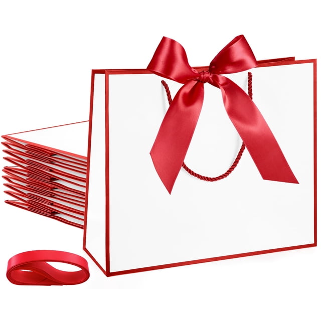 Bolsas de Regalo Silkfly 12 Pzs Blanco y Rojo 30x25x10 cm con Lazo