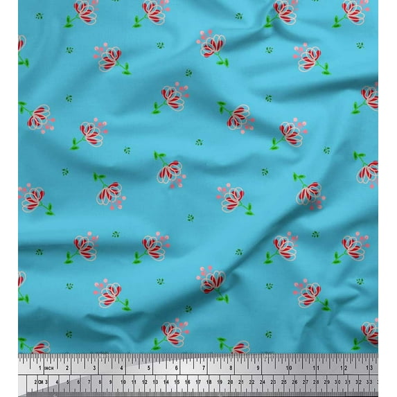 Soimoi Blue Cotton Duck Fabric Leaves & Floral Artistic Print Fabric by the Yard 56 Inch Wide
