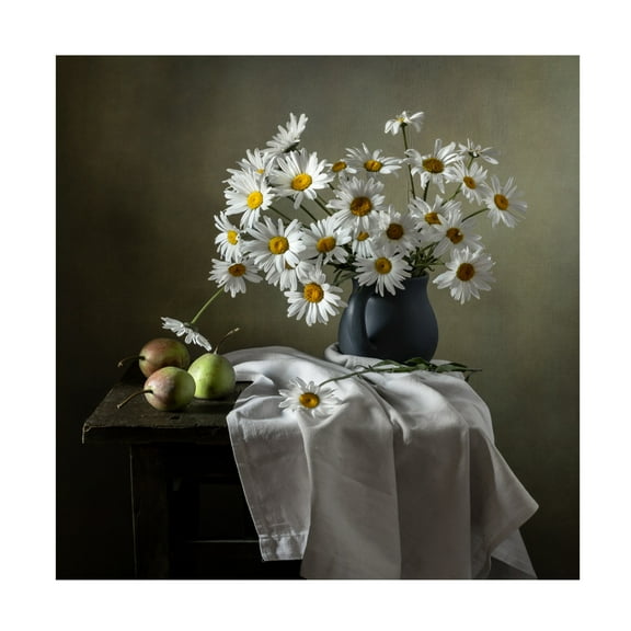 Canvas Wall Art - Olga Aleksandrovna 'Still Life With Daisies And Pears' Wall Art for Living Room, Bedroom, or Office D?cor by Trademark Fine Art - 14 x 14 Inches