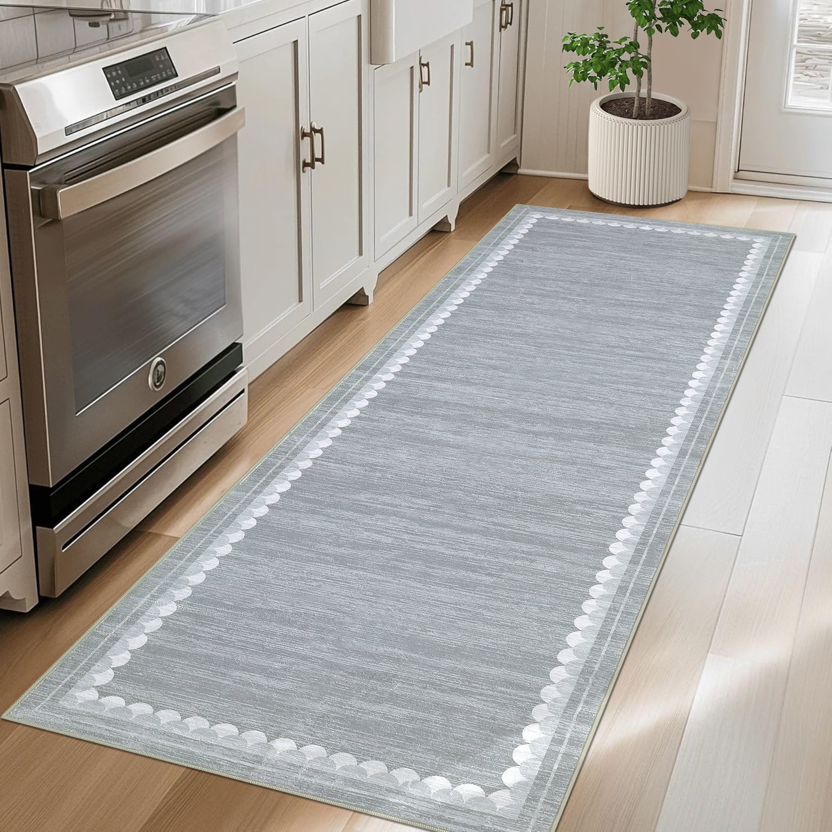 Garvee 2ftx6ft Runner Rug Modern Bordered Solid Rug with Non Slip Backing, Washable Rug Contemporary Neutral Minimalist Carpet for Hallway Bedroom Kitchen, Gray