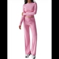 thumbnail image 3 of Conjuntos de 2 Piezas para Mujer, Larga, Cuello Redondo, Pantalones Acampanados de Cintura Alta, Conjuntos de Chándal, Ropa de Calle. Rosa L, 3 of 10