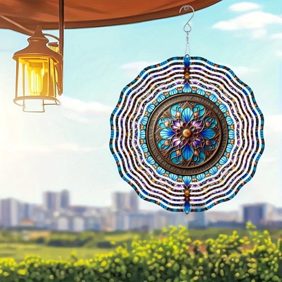 HELLOYOUNG 10 Inch Windmill Wind Chime 2D Blue White Stained Glass Kinetic Wind Spinner Metal Hanging Decor for Garden Yard Patio Indoor Outdoor