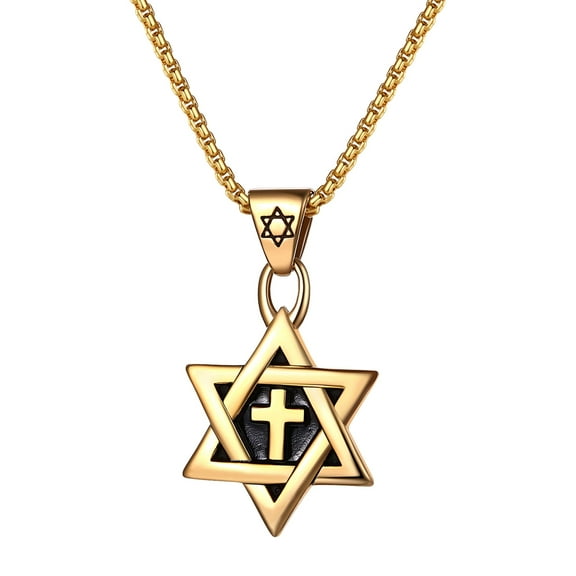Avaner Star of David Necklace for Men and Women Gold Stainless Steel Hexagon Pendant with Cross Classic Jewish Isael Necklaces, Length 24"