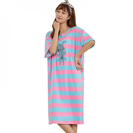 

Wisremt Night Dress Women Sleepwear Short Sleeve pajamas Loose Dress Stripe Print Women s Summer Dress Blue XXL