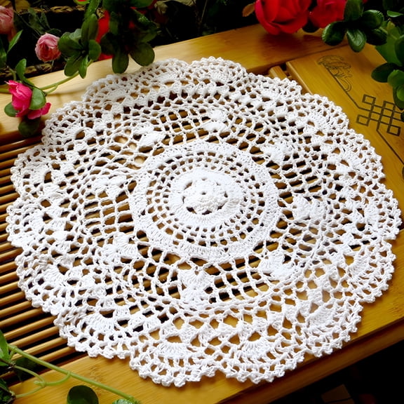 AUQ 2Pcs Cotton Lace Doilies Crochet Handmade Lace Coasters Round Lace Placemat Rustic Table Doilies Decors for Kitchen Dining Room Party Decoration,Beige/White