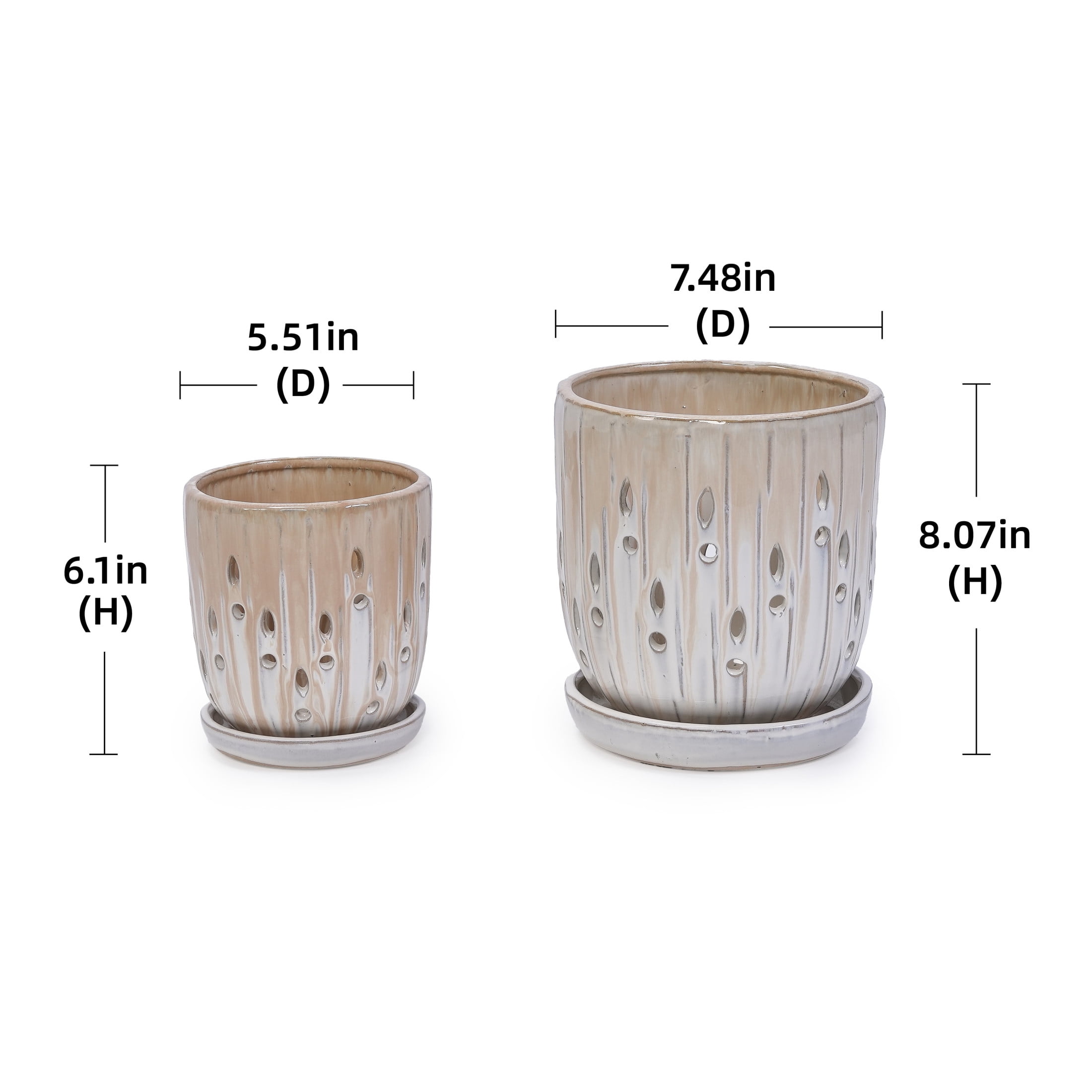 Noble House Katherine Striped Ceramic Planter Set, Weather-Resistant Flowerpots with Drainage Hole, Set of 2, Brown + White