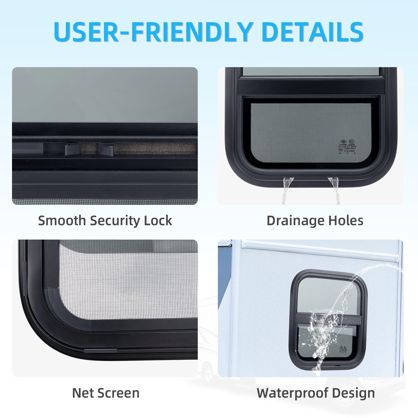 RV Window for Trailer Camper, 14" W x 16" H Vertical RV Window with Net Screen and Trim Ring RV Window for Cargo Trailer Camper for 15/16" to 1-3/4" Thick Walls, DOT Approved