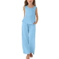 thumbnail image 2 of UACY Girls Cotton Linen Shorts Set Kids Two Piece Outfits Cute Sleeveless Sweatsuit Summer Tank Tops Wide Leg Pants Set, 2 of 7