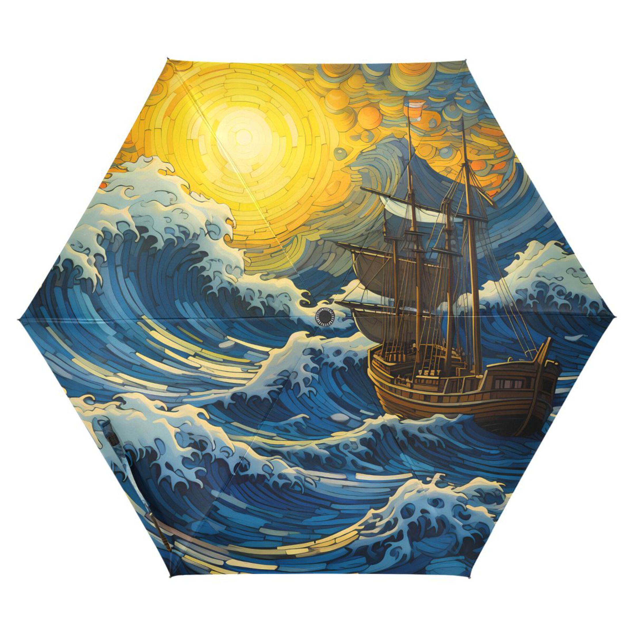 Boat on Wave and Sun Compact Sun Umbrella Windproof Travel Umbrellas for Rain Strong Portable UV Protection
