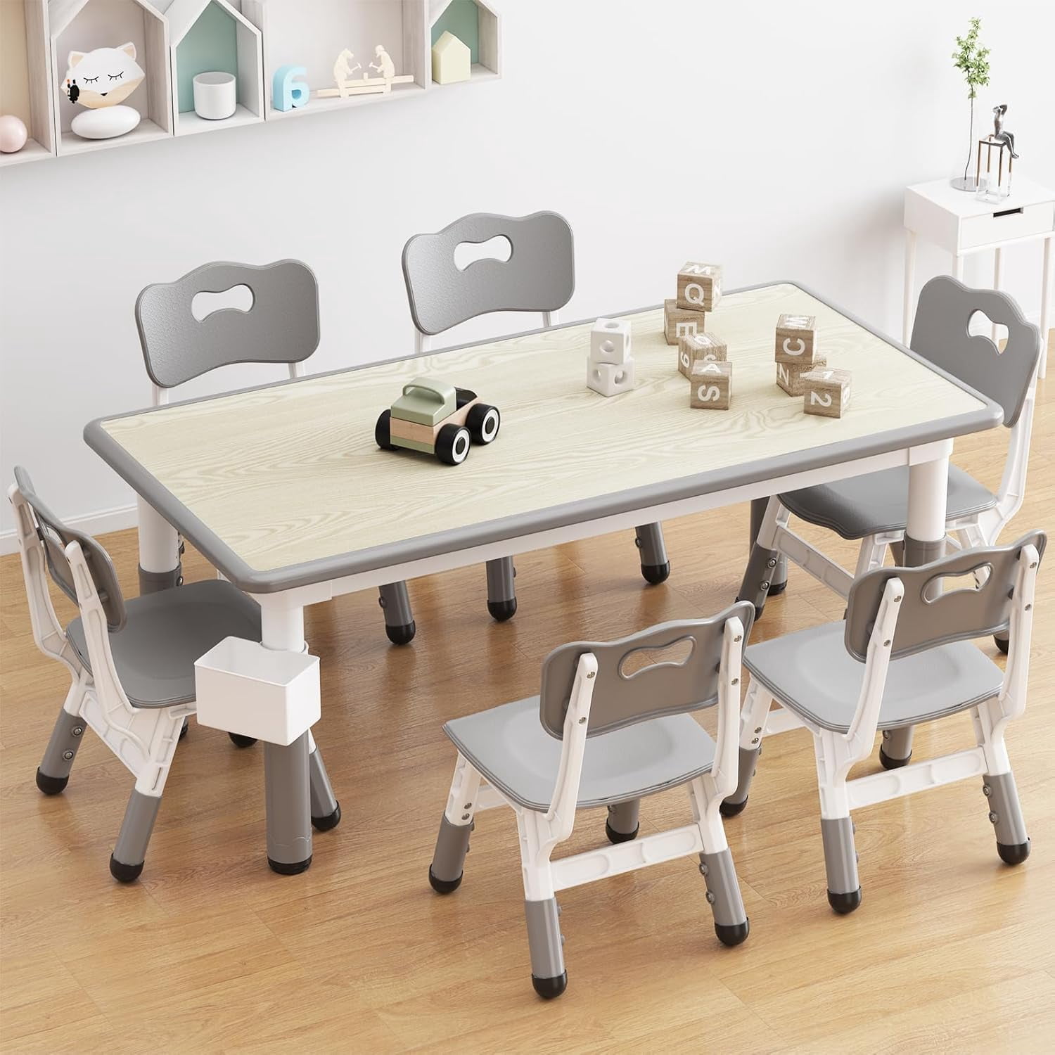 Kids Table and 6 Chairs Set with Storage Box, Height Adjustable Toddler Table and Chair Set for Ages 2-10, Graffiti Desktop, Non-Slip Legs, Children Activity Table for Daycare Classroom Home