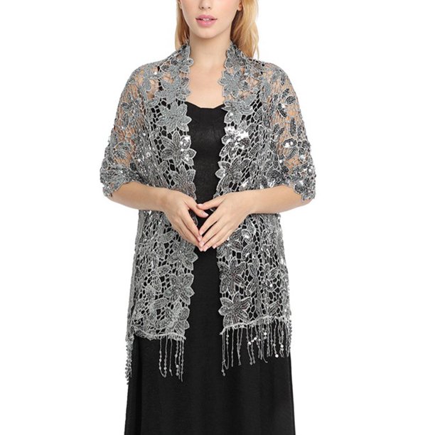 Qarigey Bufanda bordada Vestido de noche Mantón Moda Novia Dama de honor Brillo Lentejuelas Boda Capa Chales Ropa Envolturas Damas Ropa, zapatos y accesorios Miscelánea Gris oscuro Por encima de 175cm