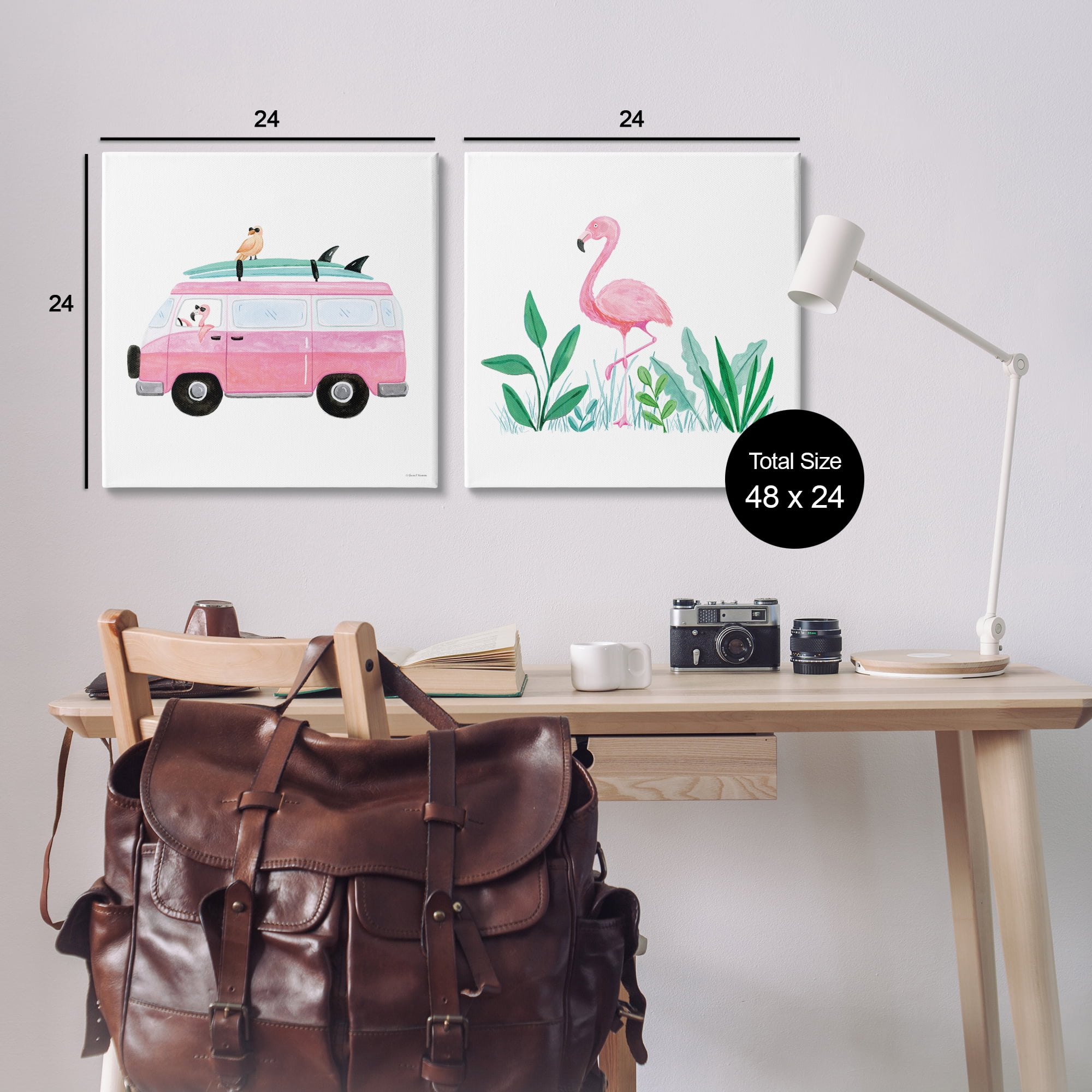 Stupell Industries Flamingos Tropical Vacation Transportation Painting Wrapped Canvas Art Print Wall Art, 24 x 24, Set of 2