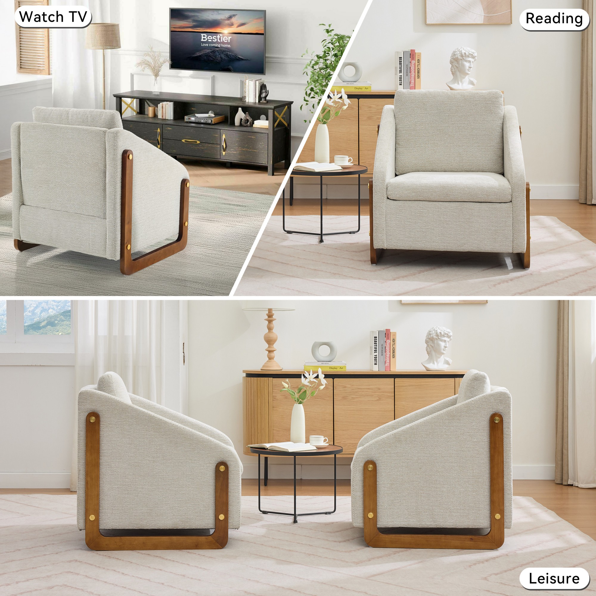 Modern Arm Chair Armchair,Chenille Upholstered Accent Chair with Cushioned Seat and Backrest for Living Room, Bedroom,Beige