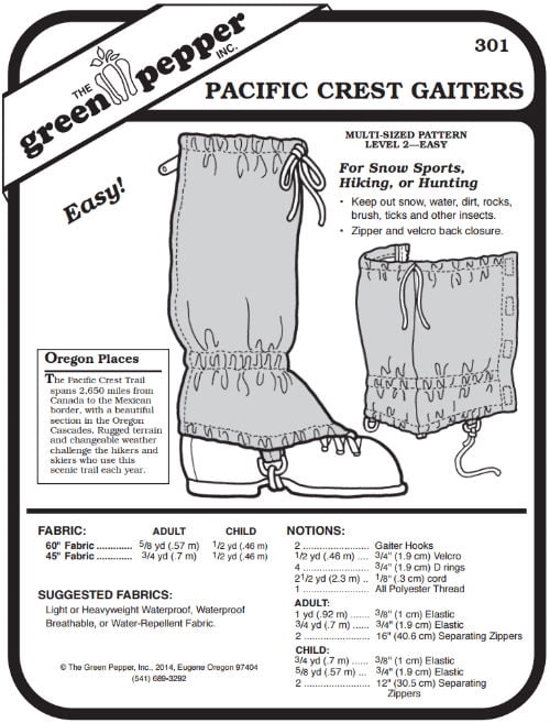Pacific Crest Gaiters Leg Protection 301 Sewing Pattern (Pattern Only)
