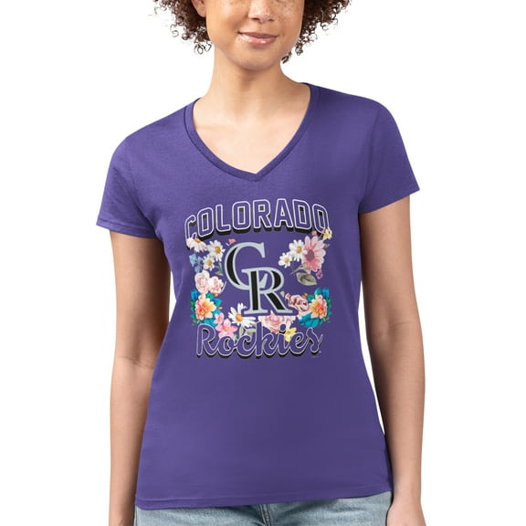 Women's G-III 4Her by Carl Banks Purple Colorado Rockies Flowers Graphic Fitted V-Neck T-Shirt