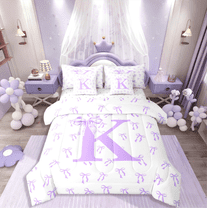 Castle Fairy Girls Monogrammed Letter 7-Piece Twin Bedding Sets,Purple Bow Bedding Comforter Set,Dreamy Princess Breathable Sheet Sets,Super Cozy Room Decor