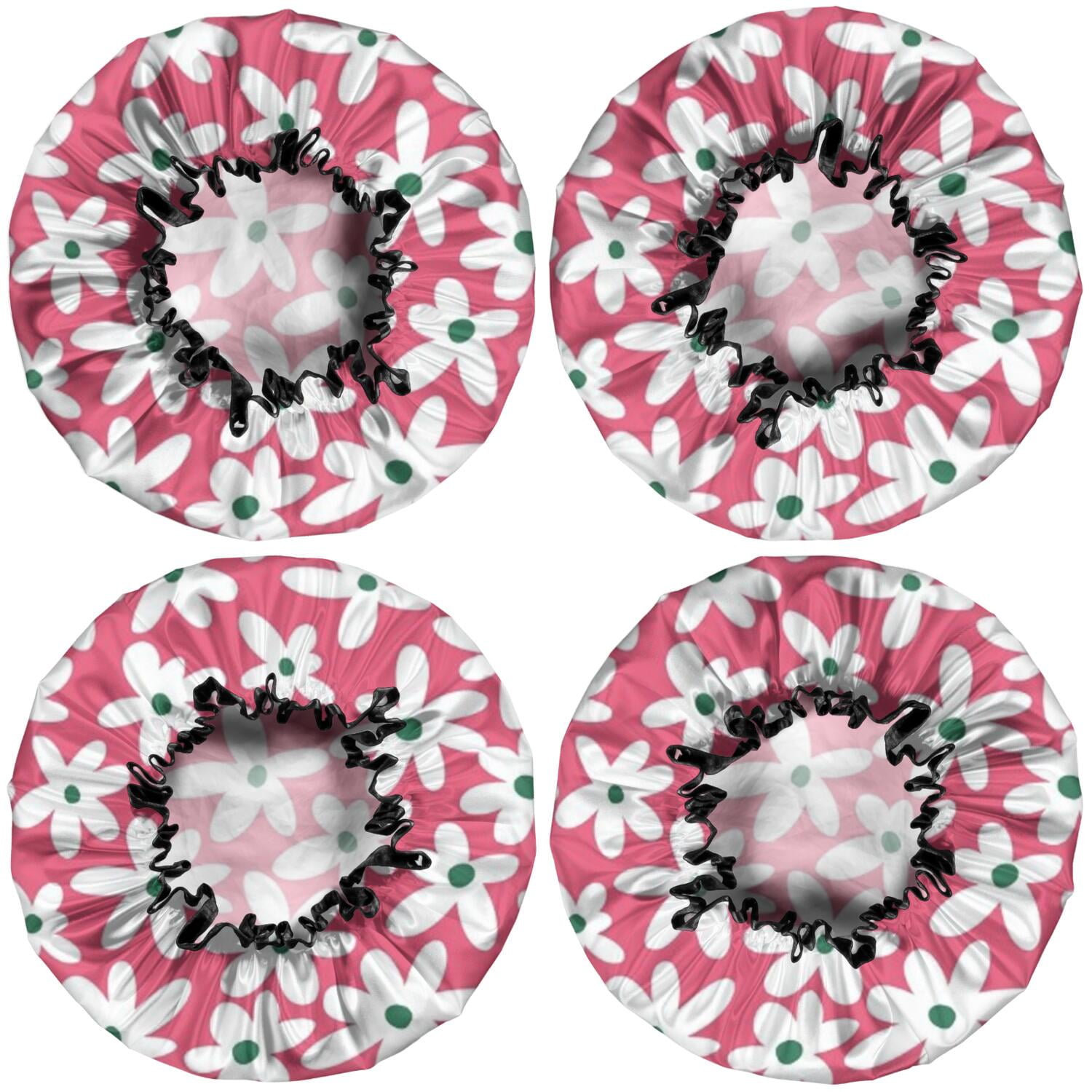 Shower Caps,Red Daisy Flower Green Centers Pattern Waterproof Shower Cap for Women 4 Pieces,Double Reusable Hair Cover for Shower PEVA Elastic Stretch Hem