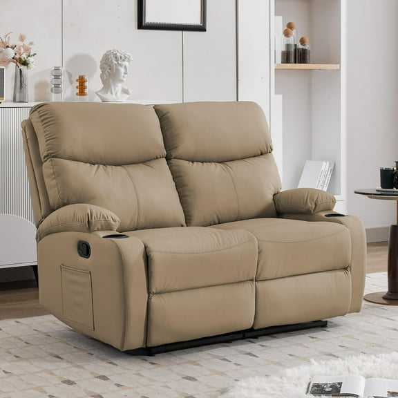 2-Seater Faux Leather Reclining Loveseat Sofa with Storage Pockets, Light Khaki Double Recliner Couch for Couples & Movie Nights