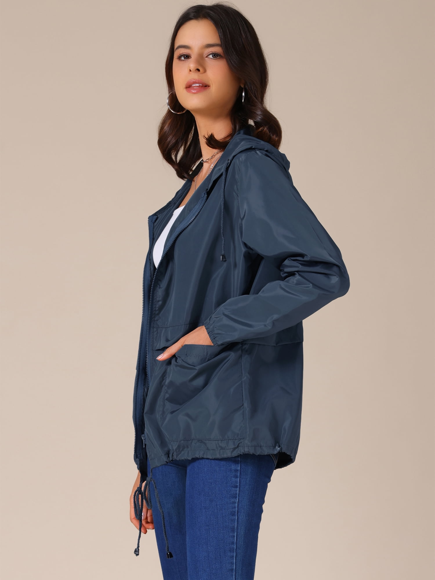 DARING DIVA Women's Lightweight Windbreaker Jacket with Hood Pockets M Navy Blue