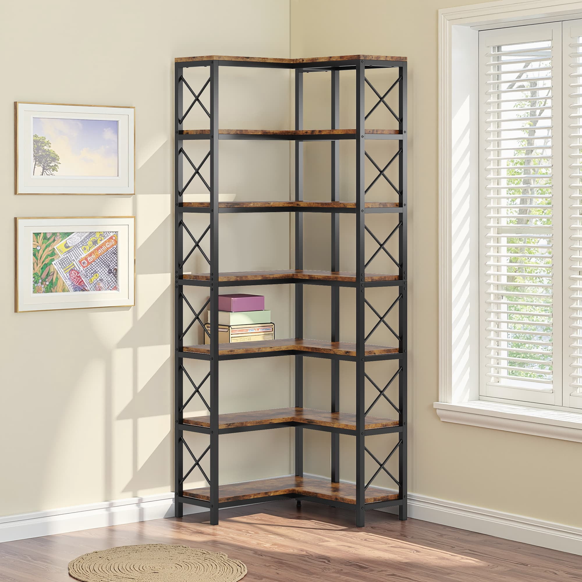 MAYEERTY Industrial 7-Tier Corner Bookcase with X-Shaped Support Bars, 14 Open Display Storage Shelves