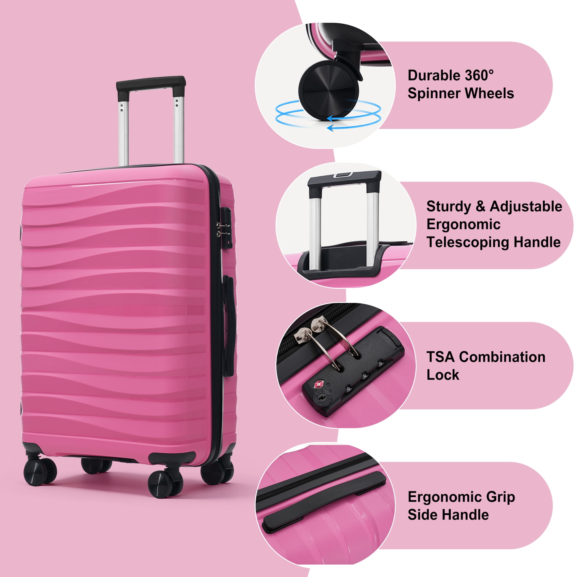 Euroco Luggage Sets 3 Piece,PP Hardside Suitcase Set with TSA Lock & 360° Spinner Wheels,Lightweight Durable Carry on Luggage for Business Travel,Pink(20"/24"/28")