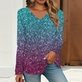 thumbnail image 3 of Purple Women's Long Sleeve T-shirt, Women'S Fashionable V Neck Long Sleeved Fine Glitter Gradient Printed V Neck Top T Shirt,Women's Long sleeve T-shirt M, 3 of 5