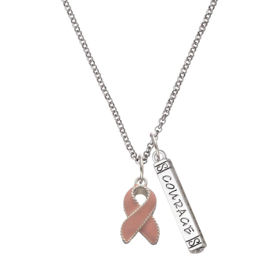 Delight Jewelry Silvertone Pink Ribbon with Stitching Silvertone Courage Strength Wisdom Honesty Bar Charm Necklace, 23"