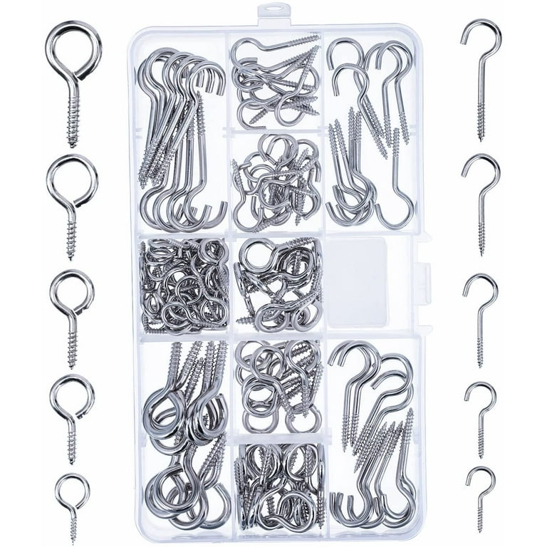 Screw Hooks and Screw Eyes Kit, Assortment Size Ceiling Hooks Cup Hooks and Eye  Bolts, 150 Pieces (Silver) 
