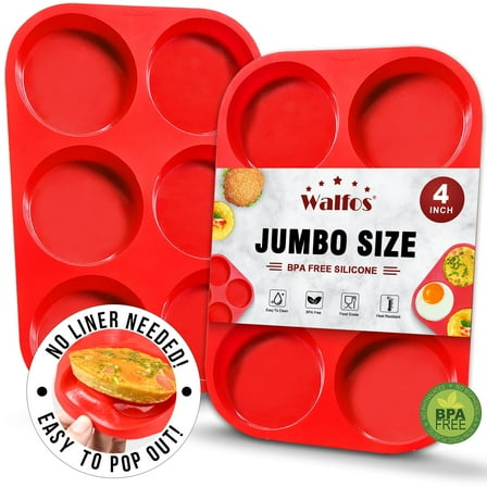Walfos Silicone Muffin Top Pans for Baking 4inch Jumbo Size, Perfect Results Premium Non-Stick Bakeware Egg Baking Pan, Great for Eggs, Hamburger Bun, Muffin Top and More, Food Grade & BPA Free, 2pcs