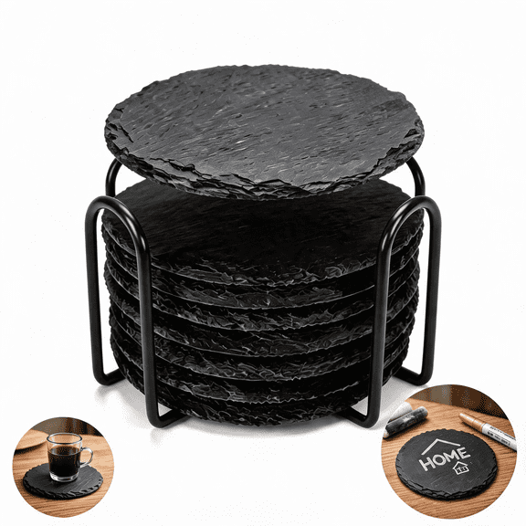 Slate Coasters Set of 8 with Metal Holder, 4 Inch Round Natural Stone Drink Coasters, Black