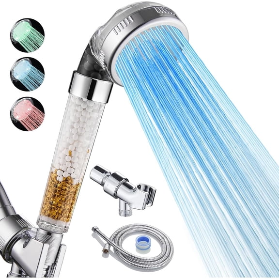 GoXteam Shower Head Filtered LED Showerhead 3 Color Light Change Automatically Filter Filtration Handheld For Dry Skin & Hair