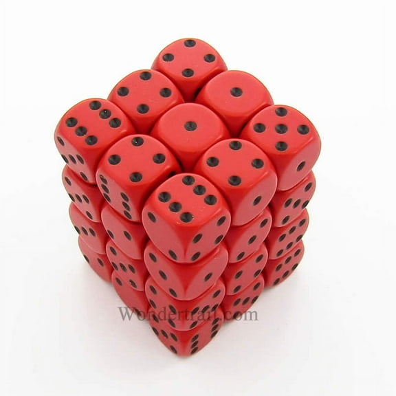 Red Opaque D6 Dice with Black Pips 12mm (1/2in) Pack of 36 Dice Chessex