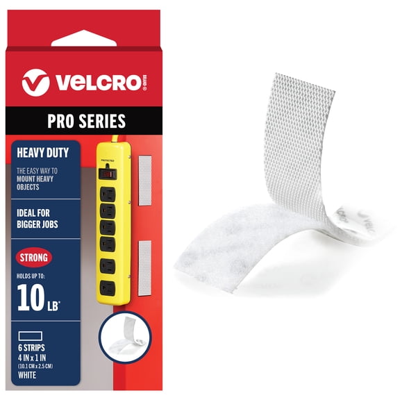 VELCRO Brand PRO Series Heavy Duty Fastener Strips, Holds up to 10 lbs, White, 4 in x 1 in, 6 Count