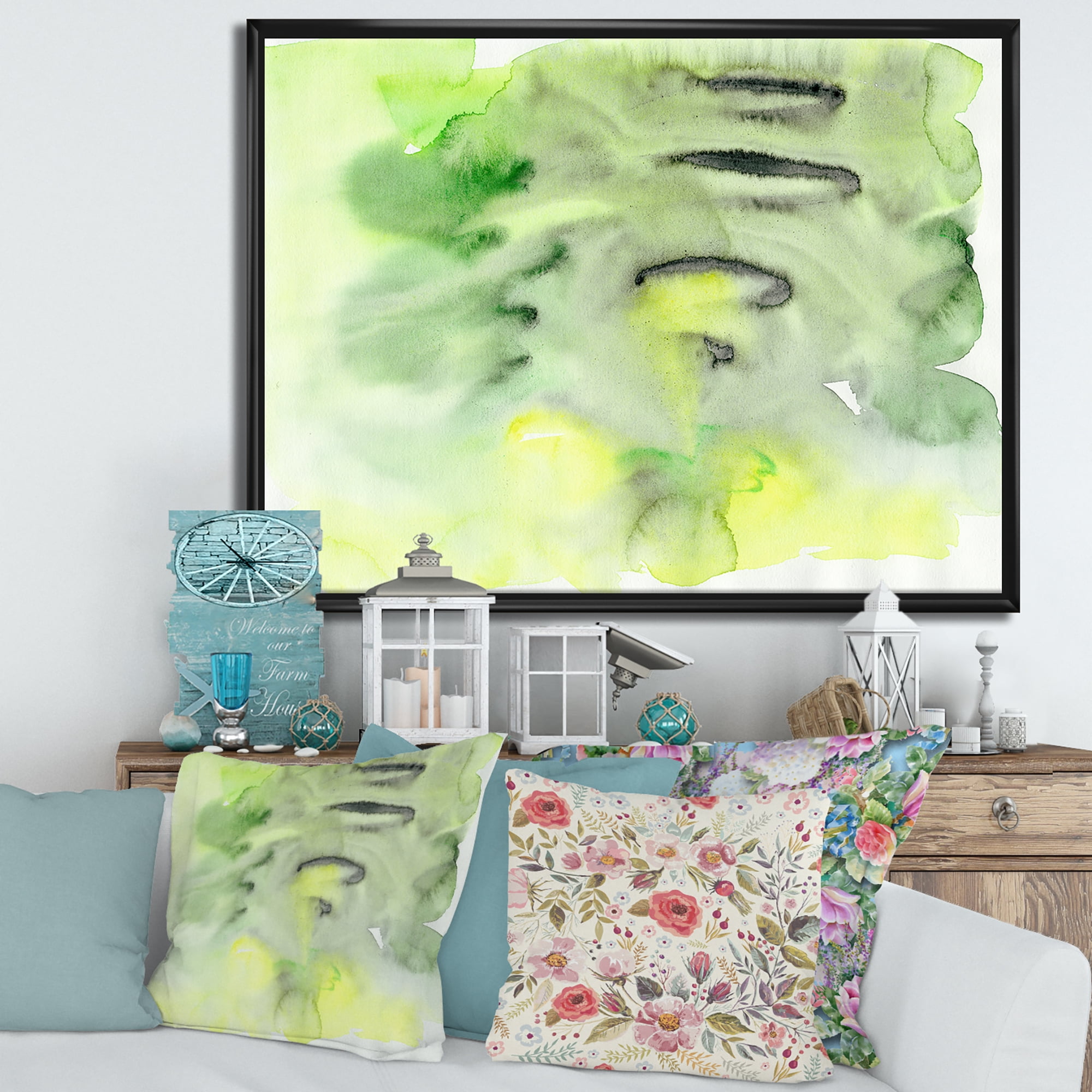 Designart 'Abstract Pond of Yellow and Green' Modern Framed Canvas Wall Art Print