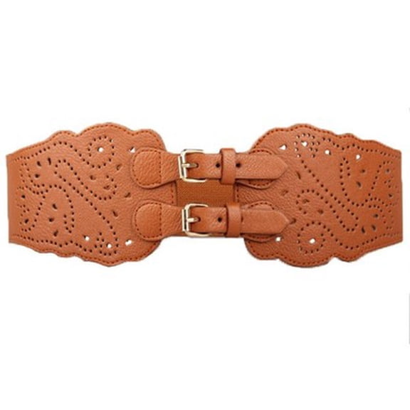 Super Wide Faux Leather Double Buckle Elastic Stretch Women Waist Belt