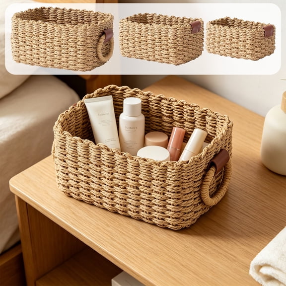 Luoshdecor Wicker Weave Storage Basket, Boho Small Organizer Bins with Handle for Shelves, Bathroom, Cabinet,Home Decor