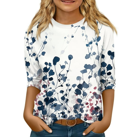YOUYEDIAN 3/4 Sleeve Shirts for Teen Girls Size 13-14 Floral Graphic Top Crewneck T Shirt Casual Clothes Dark Blue 13-14 Years