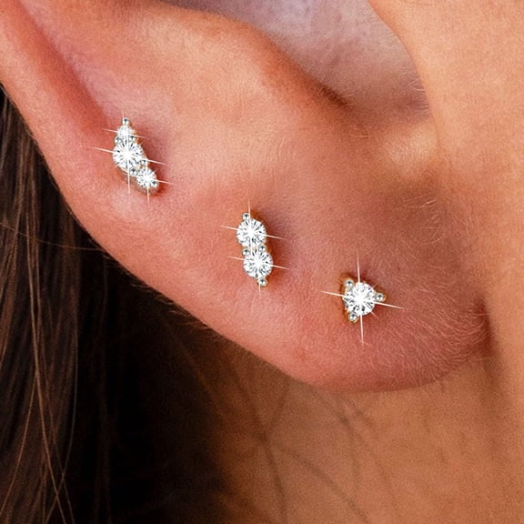 LUNVKY 3 Pairs Stud Earrings for Women CZ Small Cartilage S925 Sterling Silver Post Hypoallergenic Earring Sets for Multiple Piercing Birthday Graduation Jewelry Gifts Teen Her Girlfriend Adult Ideas